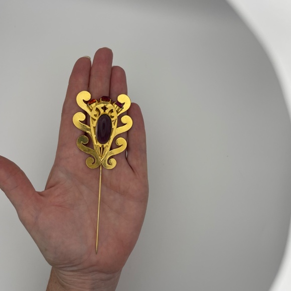 Stick Hat Pin Ornate Gold Tone Jewel Tone Rhinestones 5.5" - Picture 11 of 11